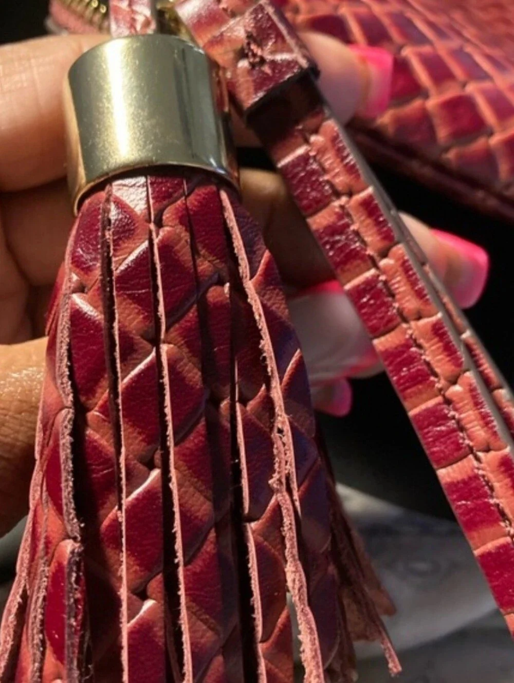 G.I.L.I. Burgundy Embossed Leather Tassel Wristlet Clutch